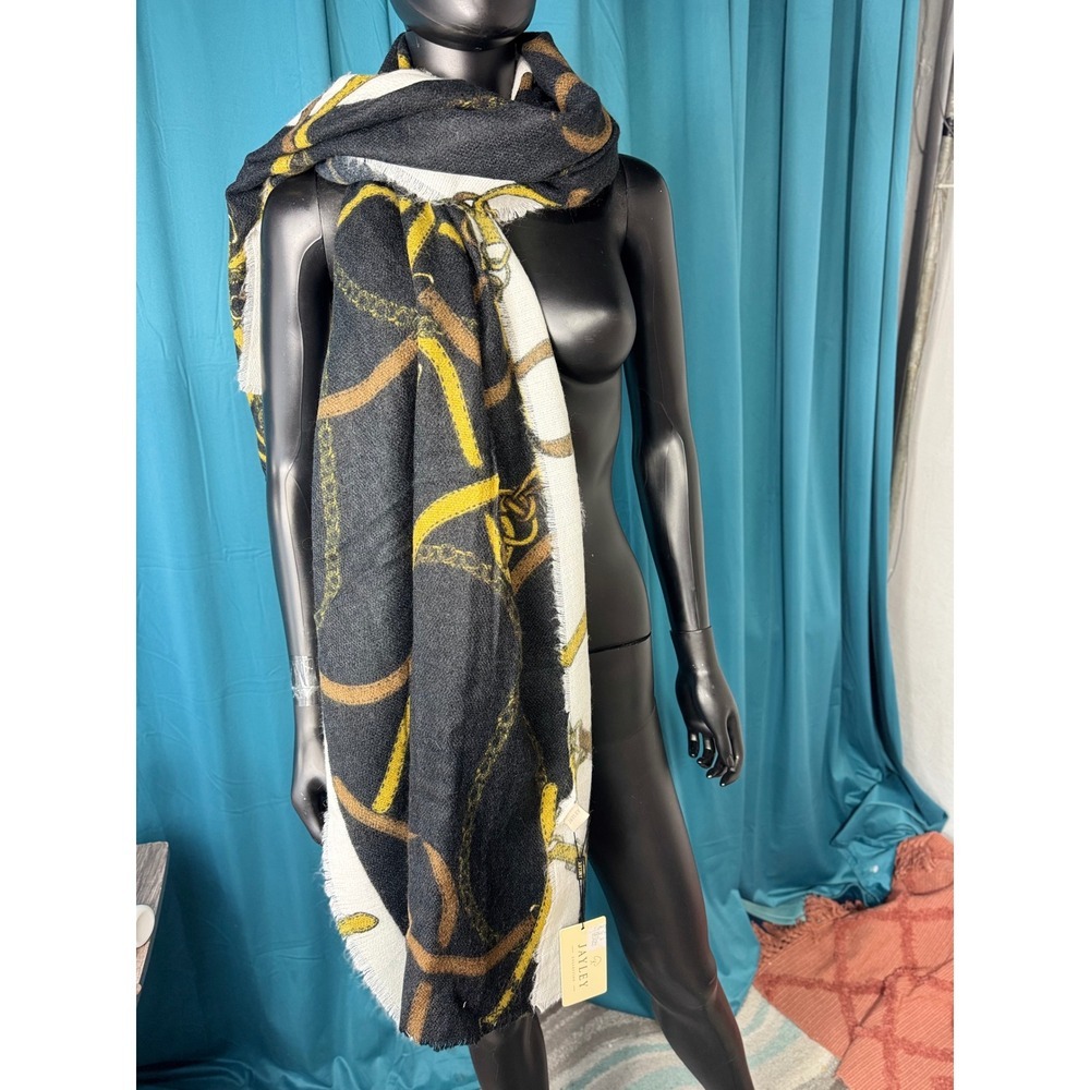 Jayley Collection Silk Cashmere Blend Chain Print Scarf Black Yellow CSC75A-31